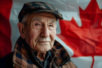 Portrait of an elder man with an canadian flag behind him