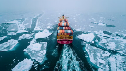 Aerial view on a huge ship carrying containers and breaking ice on frozen waters