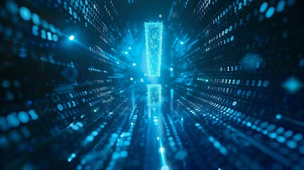 digital blue exclamation mark icon with glowing data streams, ai in alert systems, anomaly detection algorithms, emergency response coordination, and proactive risk management strategies.
