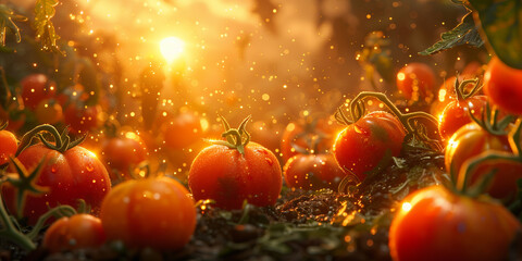 A cluster of ripe tomatoes scattered on the grassy ground - obrazy, fototapety, plakaty