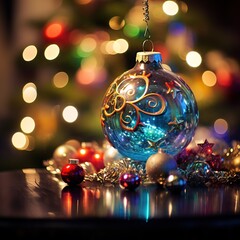 Obraz premium At its heart is a beautifully blurred image of a Christmas tree adorned with twinkling lights and ornaments. Ai generated