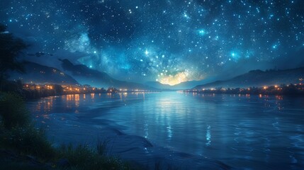 A serene nightscape with a starry sky over a tranquil river and illuminated riverside town. Created with Generative AI.