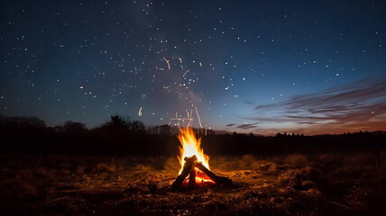 A campfire on a field in the mountains at night