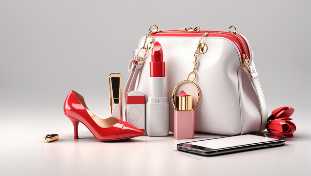 A red shoe, a white handbag, a pink bottle of perfume, a gold ring, and a red lipstick are arranged on a white surface.

