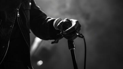 Close-up of a person in a leather jacket holding a microphone on stage, with a moody backlight....