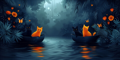 Four cats black and ginger sitting calmly in a small boat floating on the water