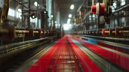 A textile factory in motion, with rows of looms weaving fabrics that will become part of daily life, highlighting tradition and technology. - obrazy, fototapety, plakaty