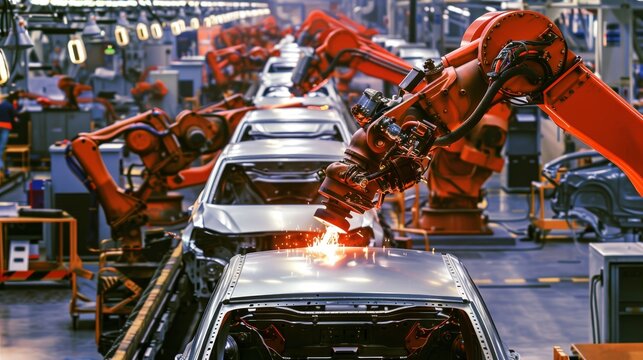 A sweeping view of a bustling automobile assembly line, capturing the precision and collaboration in vehicle manufacturing.