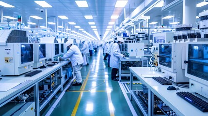 An electronic components manufacturing floor, with technicians and machines creating the heart of modern technology.