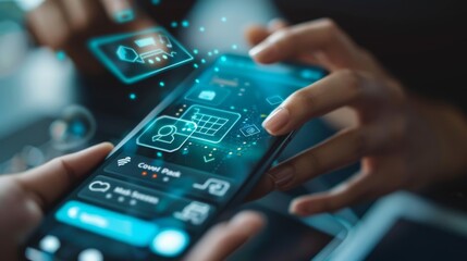 Digital banking app on a smartphone in a young adult's hand, with icons for various financial services