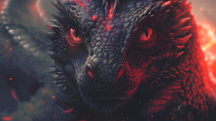 A detailed view of a menacing  black dragon with striking red eyes - obrazy, fototapety, plakaty