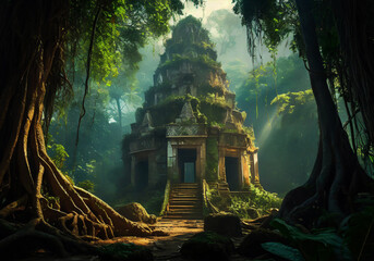 ruin of a temple in the middle of very lush tropical jungle realistic illustration