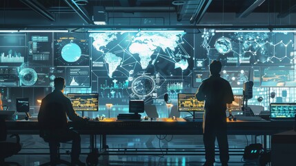 Engineers collaborating in a high-tech manufacturing control room, orchestrating the symphony of production with precision.