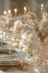 Wedding table set with white flowers orchid and candles