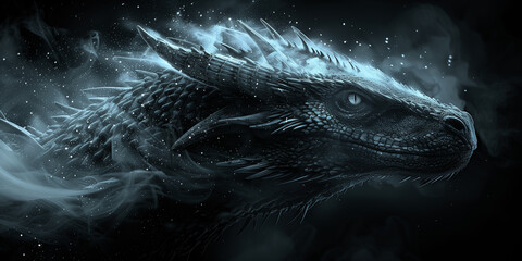 A black dragon in a striking pose in black and white banner