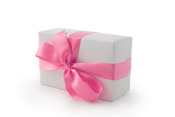 White gift box with pink ribbon bow isolated on white background