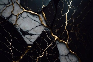 Abstract black and white marble texture with liquid fluid golden veins, luxury marble background