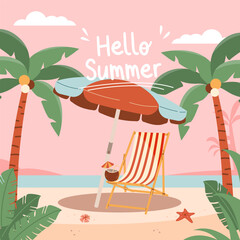 Hello summer colorful postcard, flat design vector. Hello summer quotes.Tropical hand drawn prints design with summer chair and cocktail. Positive phrases for stickers, postcards or posters.