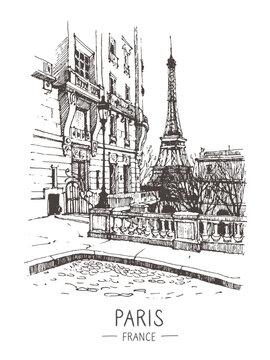 Architecture sketch vector illustration. Travel sketch of Paris France, Europe. Liner sketches architecture of Paris. Freehand drawing. Sketchy line art drawing with a pen on paper.