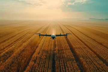 Drone flying over a golden wheat field at dawn, capturing serene farmland scenery. Created with Generative AI. - obrazy, fototapety, plakaty