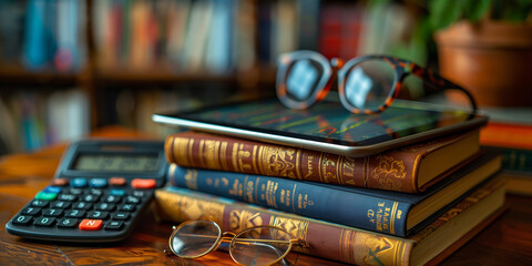A stack of books with a pair of glasses placed on top, symbolizing reading and studying banner - obrazy, fototapety, plakaty