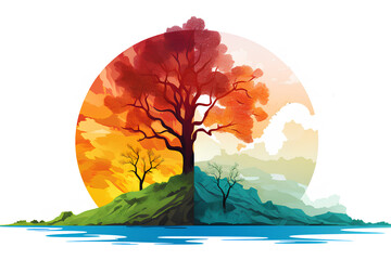 Colorful illustration of a tree on a hill and the moon behind. Red and blue. Changing season of nature. Save the planet.