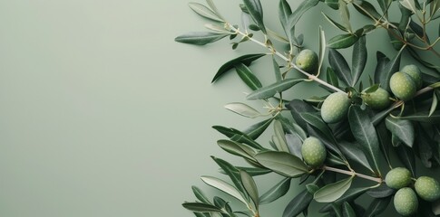 Fresh olive branch with green olives on green background top view with copy space for text
