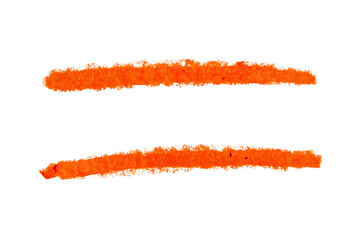 Two orange stroke drawn with crayon pencil on transparent background, cut out. Design element.