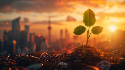 Sapling sprouting from soil against an urban skyline bathed in a warm sunset. Created with Generative AI. - obrazy, fototapety, plakaty