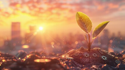 Young plant with fresh leaves sprouting from soil adorned with gears, against a warm sunrise cityscape. Created with Generative AI.