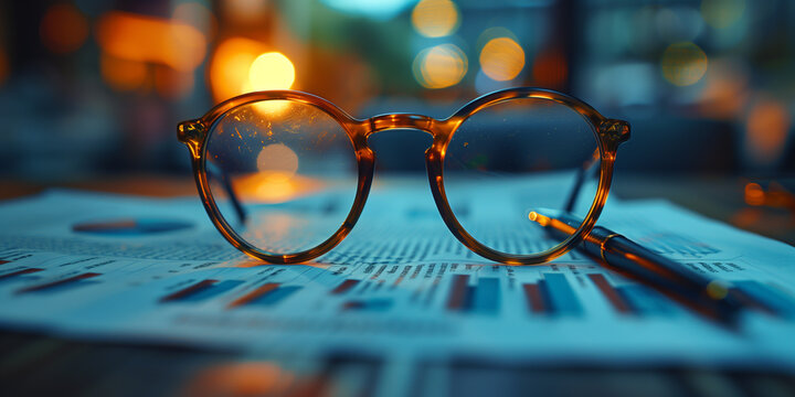 A pair of glasses resting atop a financial newspaper on a desk banner