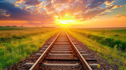 train railroad track landscape with sunset - obrazy, fototapety, plakaty