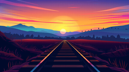 illustration of adorable train railroad track landscape with sunset and mountains  - obrazy, fototapety, plakaty