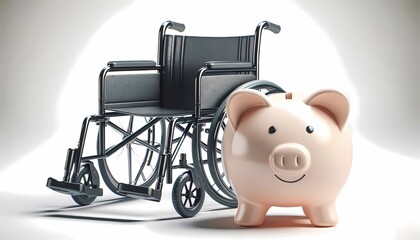 Financial wellness concept for Piggy bank with wheelchair conveying the necessity of saving for medical emergencies and disability support 