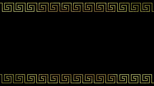 4k animated horizontal greek golden luxury frame background on black background. A meander or meandrosis a decorative border constructed from a continuous line, shaped into a repeated motif.  