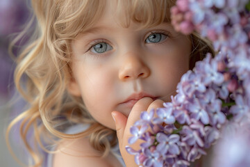 Fototapeta premium A child holds a cluster of purple flowers lilac