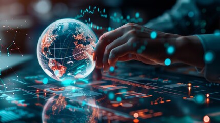 Tablet Earth hologram or woman hands review finance chart, cyber stock market database, or futuristic globe overlay. Forex ui investment, world economy graph, global trader NFT or bitcoin crypto