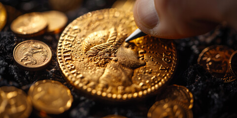 A person using a small tool to inscribe markings on a shiny gold coin banner - obrazy, fototapety, plakaty