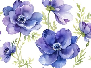 Watercolor painting of purple poppy, purple flowers and green leaves on a white background.