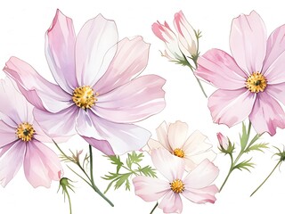 Watercolor painting of pink and white cosmos flowers on a white background.
