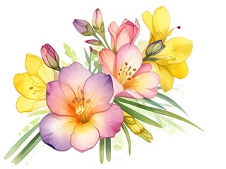 Watercolor painting of colorful freesia flowers in summer on white background.