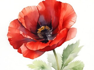 Watercolor painting of a single red poppy in full bloom. It has light green leaves and a dark center on a white background.