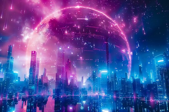 A product launch event streamed live to a global audience in the metaverse, futuristic background