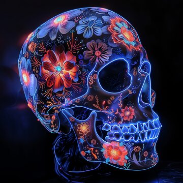 A human skull adorned with intricate patterns of glowing neon flowers, representing the cycle of life and death