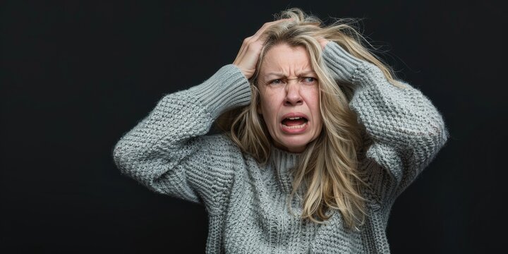 Stress or anxiety on dark background in studio for senior woman with schizophrenia, bipolar disorder, or psychology burnout