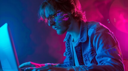 Man Coding in Neon Light