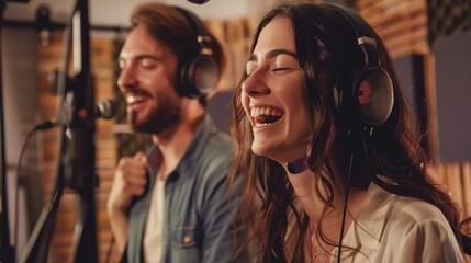 Song performers on studio microphones, music apps, or live streaming lyrics. Singers, musicians, and friends practice technology, voice media, and sound performance.