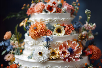 Elegant wedding cake adorned with beautiful flowers as cake decorating