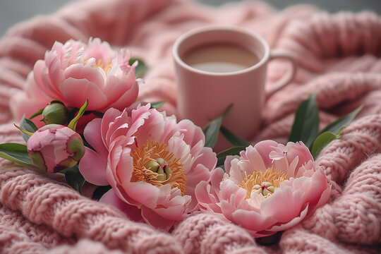 A pink blanket adorned with pink flowers pions next to a cup of coffee