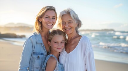 Sunny beach photo of a female family. Grandmother, mother, and granddaughter on the promenade. Multigenerational woman and girl spending time together - obrazy, fototapety, plakaty